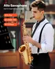 A young man playing a saxophone, with text overlays highlighting product features. Náhľad obrázku produktu