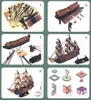 A collage of six images showing the assembly steps and finished product of a 3D puzzle ship model. Náhled obrázku produktu
