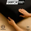Hands holding a black fabric on a wooden surface, with marketing text and logos. Produktbild-Vorschau
