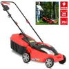 A woman is using a red electric lawnmower on a grassy lawn. Produktbild-Vorschau