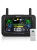 A black digital weather station with a screen displaying various weather information, including outdoor and indoor temperature, humidity, air pressure, and time. A small white external sensor is placed to the right of the main unit. Podgląd zdjęcia produktu