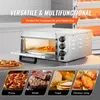 A commercial pizza oven is shown in a kitchen setting, with various food items displayed below to showcase its versatility. Produktbild-Vorschau