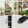 A collage of images showcasing a multi-tiered plant stand with various plants, close-ups of its features like a tilting preventing device and adjustable footpads. Voir les images du produit
