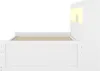 A side view of a white bed frame with a slatted base and a headboard with integrated LED lighting. Voir les images du produit