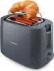 A dark gray Philips toaster with a croissant on top, placed on a white background. Voir les images du produit