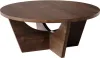 A round, dark wood coffee table with a unique base. Produktbild-Vorschau