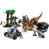 A LEGO Jurassic World Carnotaurus escape set with a dinosaur, gyrosphere, truck, and figures. Produktbild-Vorschau