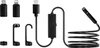 A collection of black electronic accessories, including adapters, a hook, and an endoscope camera with its cable, laid out on a white background. Podgląd zdjęcia produktu