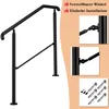 A black metal stair railing with close-up insets showing connection details and hardware, set against a light peach and white background. Produktbild-Vorschau