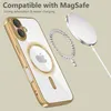 A gold-rimmed clear phone case with a MagSafe ring is shown, with a MagSafe charger and a magnetic ring accessory nearby. Podgląd zdjęcia produktu