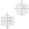 Two glittery snowflake ornaments are shown against a white background, with measurement lines and labels indicating their sizes. Náhled obrázku produktu
