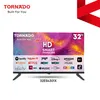 A marketing image of a Tornado smart TV, showcasing its features and supported applications. Produktbild-Vorschau