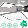 A collage of images showing a square LED ceiling light from different angles, with close-ups and a room setting. It also includes marketing icons with product specifications. Produktbild-Vorschau