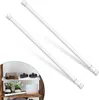 Two white telescopic rods are displayed diagonally against a white background. A small inset shows a shelf with decorative items and one of the rods in use. Produktbild-Vorschau