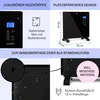A collage of images showcasing the features and dimensions of a black electric heater. Podgląd zdjęcia produktu