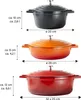 Three cast iron pots of different sizes and colors are displayed with their dimensions and capacities indicated by text and measurement lines. Voir les images du produit
