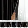 A hand is shown parting a dark curtain, revealing a window with sheer curtains behind it. Below are swatches of the curtain in different lighting conditions. Produktbild-Vorschau