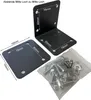 Two black metal corner brackets and a bag of hardware are shown on a white background, with dimensions indicated by text and lines. Produktbild-Vorschau
