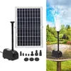A collage showing a solar fountain pump kit and a lifestyle shot of the pump in use in a garden. Náhled obrázku produktu