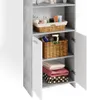 A tall, narrow bathroom cabinet with two doors, showing several shelves with various items. Produktbild-Vorschau