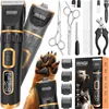 A collection of pet grooming tools, including clippers, scissors, combs, and nail clippers, arranged around a dog's paw and a product box. Náhľad obrázku produktu