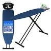 A blue ironing board with a green iron on top, set against a white background. Produktbild-Vorschau