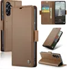 Collage of a brown leather wallet-style phone case for a Samsung Galaxy A16, showing different angles and features. Produktbild-Vorschau