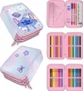 A collage of images showing different views and contents of a Disney Stitch pencil case. Voir les images du produit
