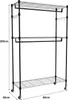 A black metal garment rack with wheels, two hanging bars, and three shelves is shown against a white background. Dimensions are indicated on the left and bottom of the image. Voir les images du produit