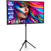A projection screen on a tripod stand, displaying a vibrant image of a woman's face with colorful hair. Produktbild-Vorschau