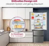 A kitchen scene featuring a Bomann French Door refrigerator, with a close-up inset showing the interior shelves and food items. Produktbild-Vorschau