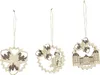 Three wooden Christmas ornaments hanging against a white background. Produktbild-Vorschau