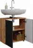 A bathroom vanity cabinet with a sink and faucet. Produktbild-Vorschau