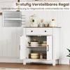 A white sideboard cabinet with a wooden top, open doors revealing shelves with kitchenware, and a drawer. There is a graphic overlay on the left showing adjustable shelf heights. Náhľad obrázku produktu