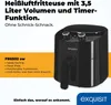 A black air fryer is shown next to marketing text and bullet points. Produktbild-Vorschau