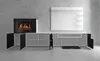 A modern media console unit with an integrated electric fireplace and wall-mounted shelving, shown in a minimalist room setting. Anteprima dell’immagine prodotto