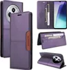 Collage of images showing a purple flip wallet phone case from different angles, including its card slots and stand feature. Produktbild-Vorschau