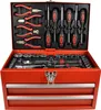 A red metal toolbox filled with various tools, including pliers, screwdrivers, and sockets. Produktbild-Vorschau
