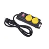 A black power strip with two yellow outlets and a red switch, shown on a white background. Produktbild-Vorschau