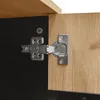 A close-up view of a cabinet hinge connecting a wooden door to a black cabinet. Voir les images du produit