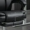 Close-up view of a black leather office chair with a measurement indicator. Produktbild-Vorschau