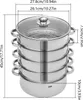 A multi-tiered stainless steel steamer pot with a glass lid, shown with dimensions indicated by measurement lines and text. Produktbild-Vorschau