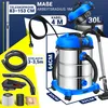 A product image showcasing a wet/dry vacuum cleaner with various accessories and dimensions. Produktbild-Vorschau