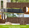 A split image showing a bamboo fence used as a privacy screen on a patio and balcony, with close-ups of the attachment method. Produktbild-Vorschau