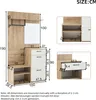 A diagram showing the dimensions of a hallway furniture set, including a mirror, shoe bench, and cabinet. Voir les images du produit