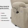 Close-up of a beige recliner chair, highlighting its features like pockets, cup holders, and USB ports. Produktbild-Vorschau