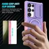 A hand holding a purple and pink phone case with a camera cover and magnetic ring. Produktbild-Vorschau