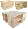Three wooden crates are displayed against a white background. One crate is shown from the side, another from the top, and a third is assembled into a coffee table with shelves. Produktbild-Vorschau