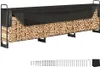 A metal firewood rack filled with wood and covered with a black tarp, with hardware laid out below. Voir les images du produit