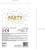 The image shows the packaging of a set of foil balloons that spell out 'PARTY'. The packaging has confetti graphics and includes warnings and instructions. Podgląd zdjęcia produktu
